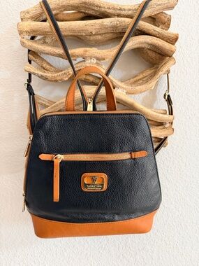 Valentina pebbled Black and Tan Leather Backpack sling purse